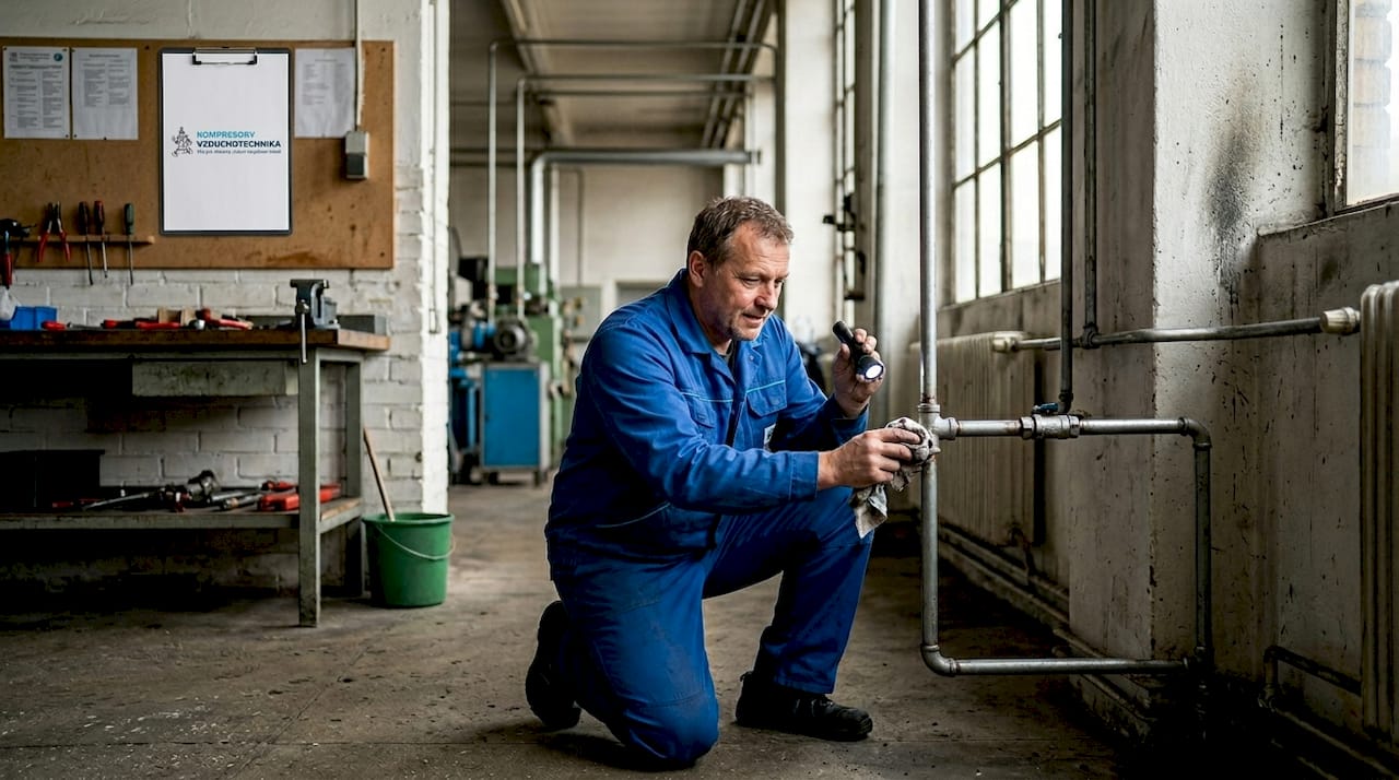 Servisní technik provádí kontrolu pneumatických rozvodů ve výrobní hale.