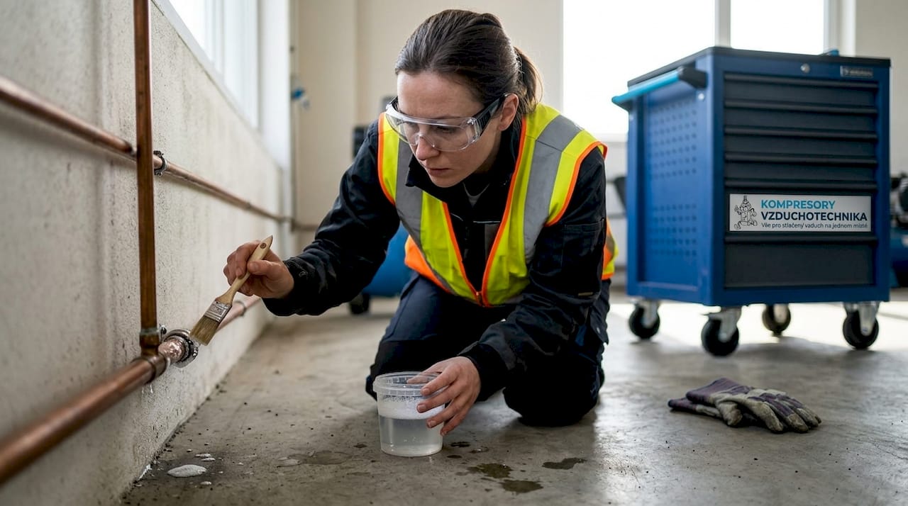 Jak správně zkontrolovat, jestli spoje v systému stlačeného vzduchu dobře těsní – nezapomeňte při tom použít ochranné brýle.