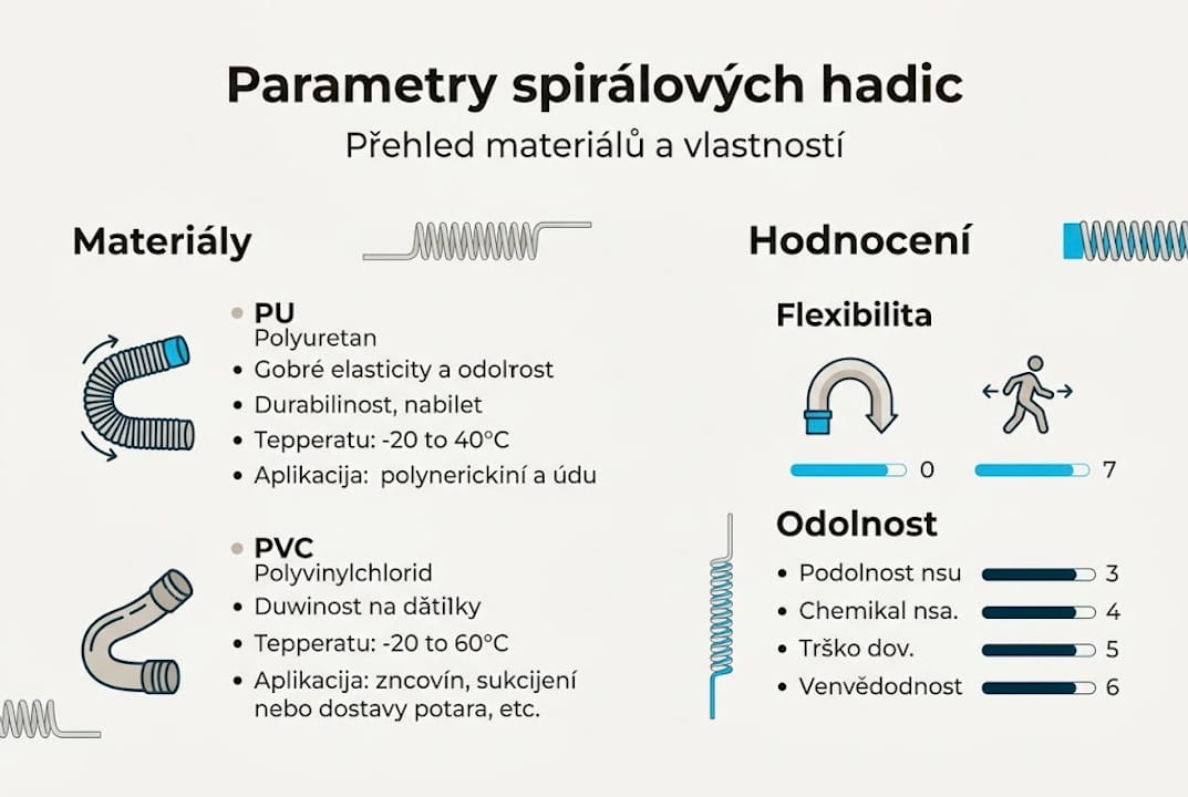 Přehled parametrů a použitých materiálů u spirálových hadic v infografice