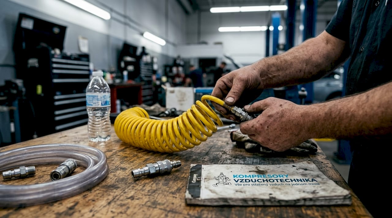 Na pracovní stole někdo pečlivě kontroluje spirálovou hadici.