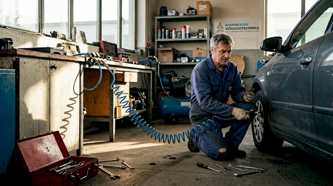 Technik připojuje spirálovou hadici ke kolu a kontroluje tlak v pneumatice.