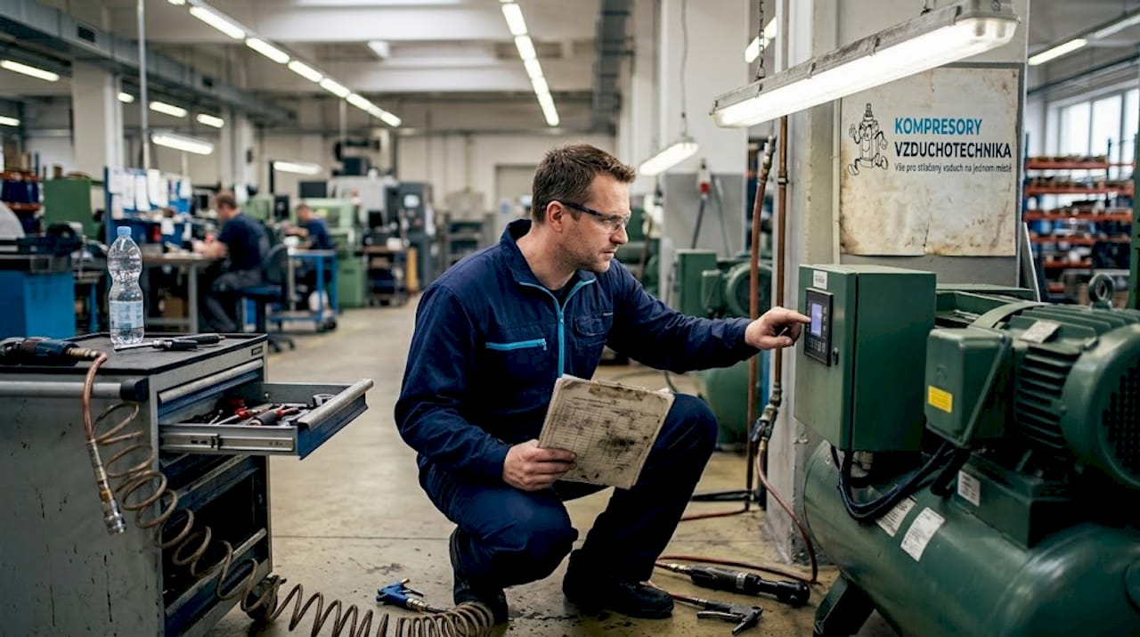 Servisní technik provádí kontrolu průmyslového vzduchového kompresoru.