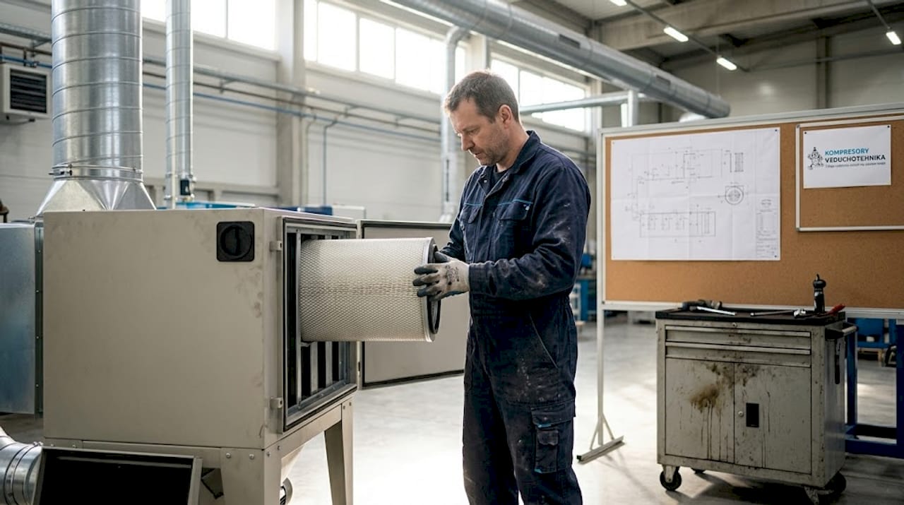 Technik provádí kontrolu průmyslového filtračního zařízení na vzduch.