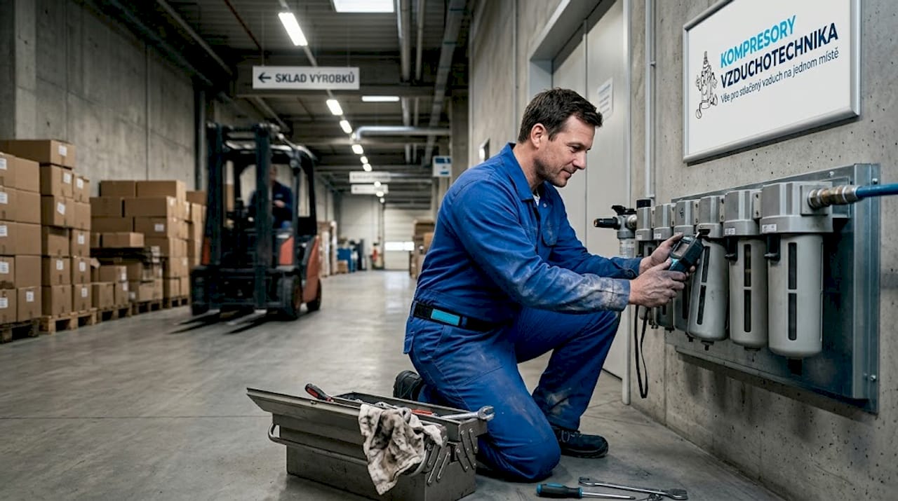 Pracovník kontroluje stav mechanických filtrů vzduchu ve výrobní hale.