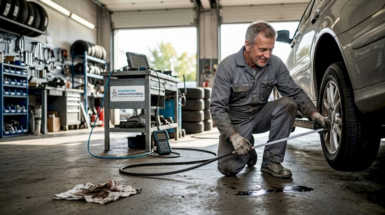 Mechanik si právě přeměřuje délku pneumatické hadice.