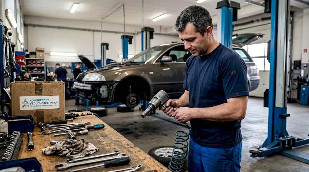 Technik v autoservisu připojuje hadici na pracovním stole.