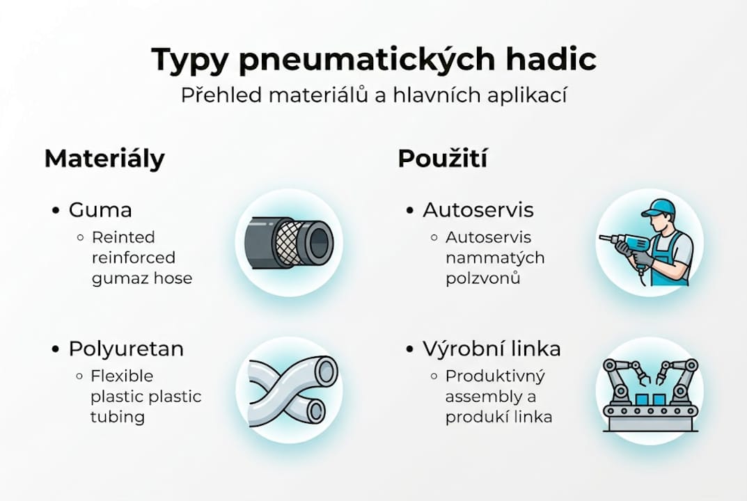 Přehledná infografika: Jaké jsou druhy pneumatických hadic a k čemu se používají