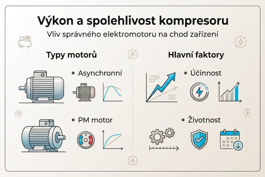 Infografika přehledně ukazuje, jaký vliv má motor na chod kompresoru