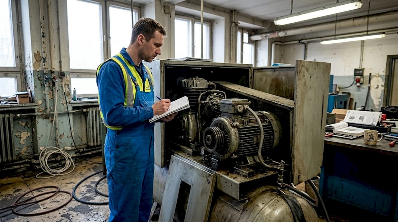Technik provádí kontrolu motoru průmyslového kompresoru.