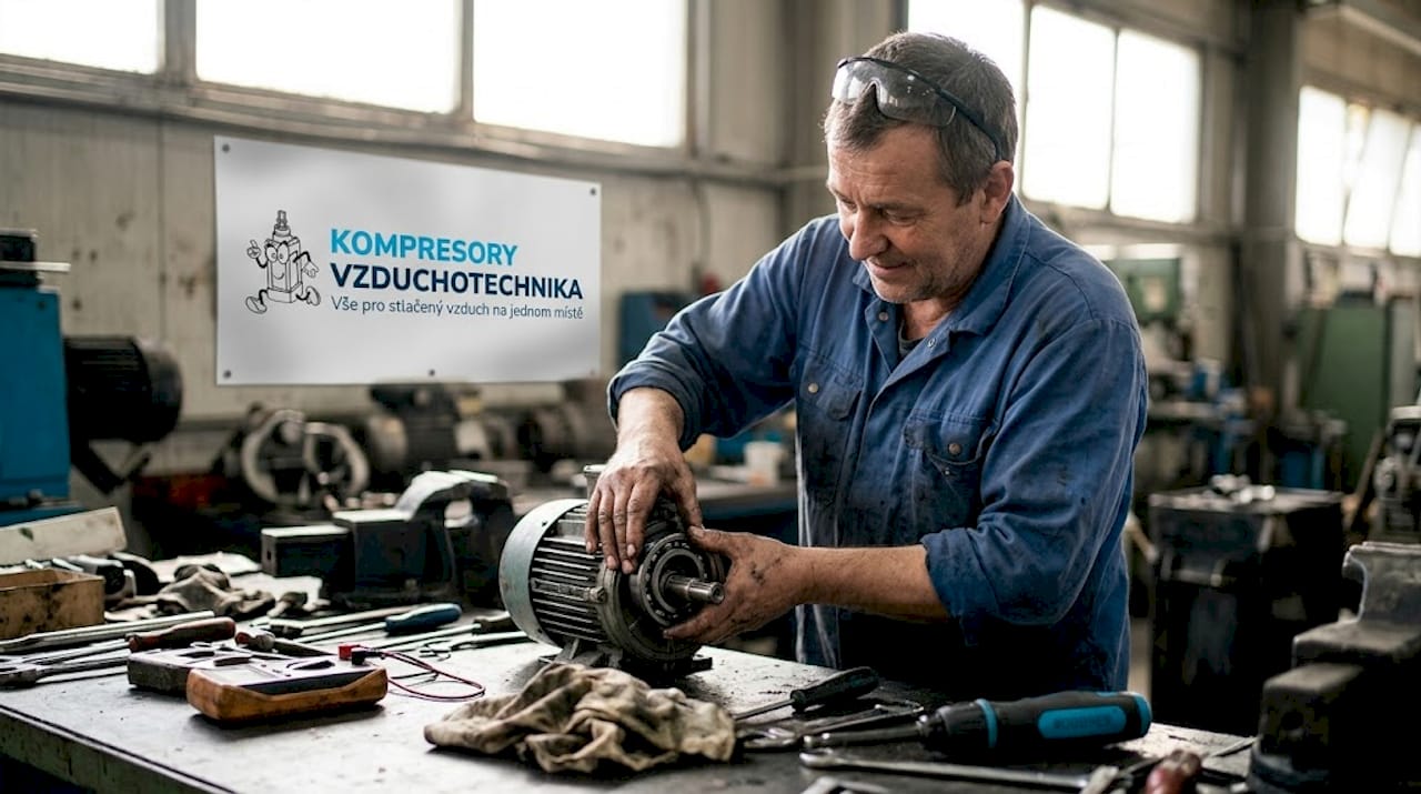 Technik provádí údržbu elektromotoru kompresoru.