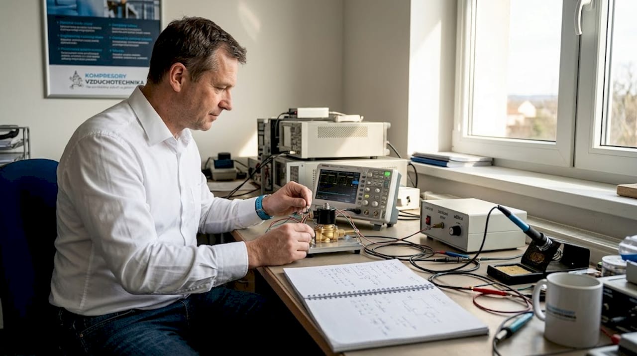 Inženýr právě testuje elektromagnetický ventil na pracovním stole.