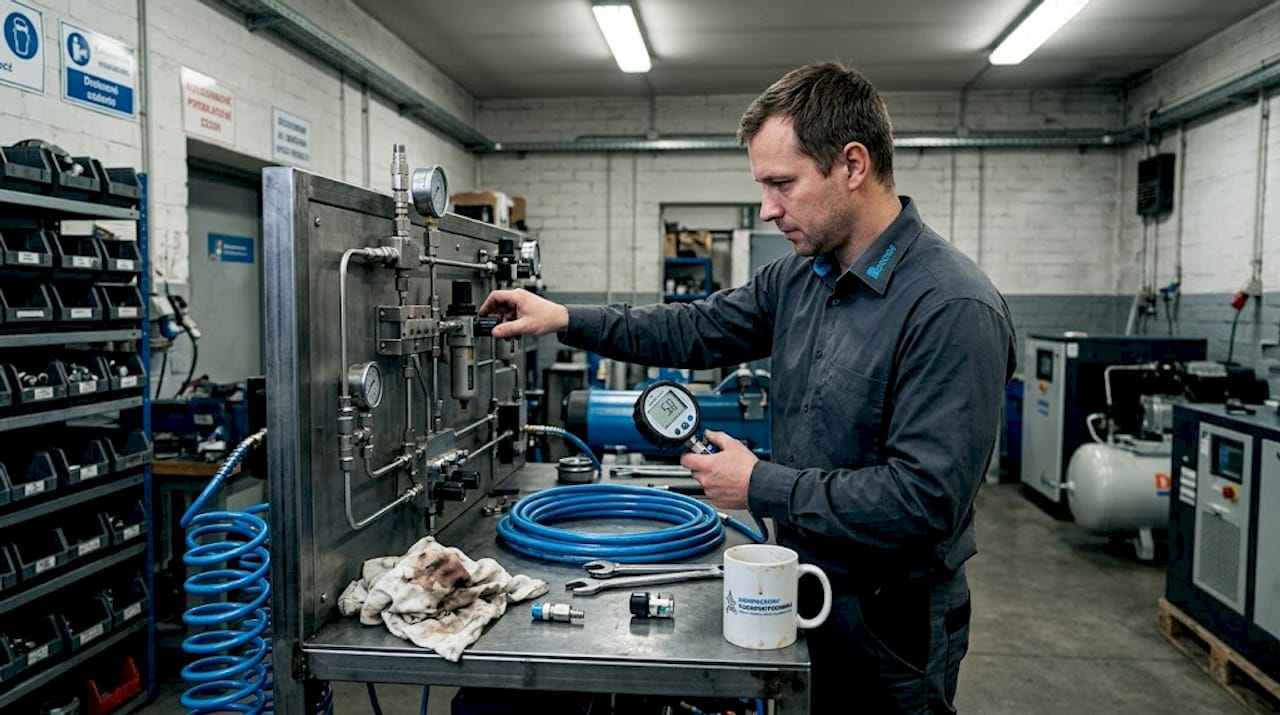 Technik právě nastavuje tlak v pneumatickém systému.