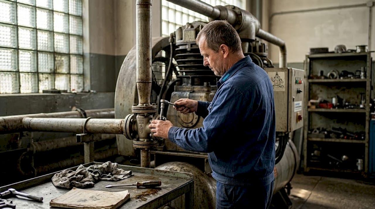 V dílně právě mechanik prohlíží zpětný ventil, aby se ujistil, že všechno funguje, jak má.