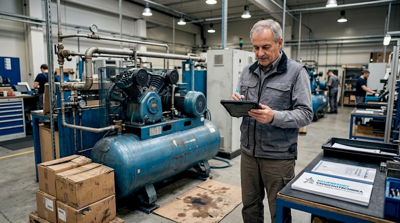 Vedoucí výroby dohlíží na výkon kompresoru ve fabrice.