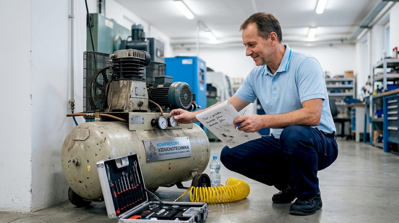 Technik kontroluje ukazatele tlaku na průmyslovém kompresoru.