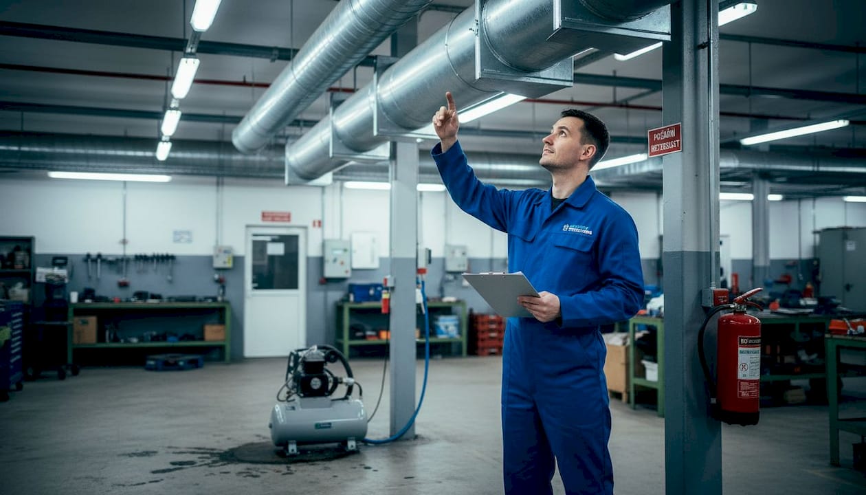 Inspektor kontroluje bezpečnostní opatření u kompresoru.