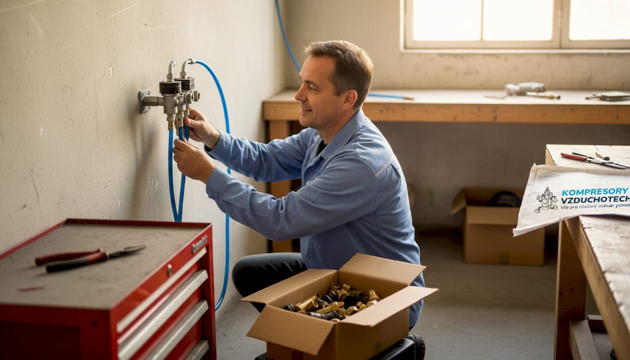 Technik právě montuje pneumatický systém v dílně.