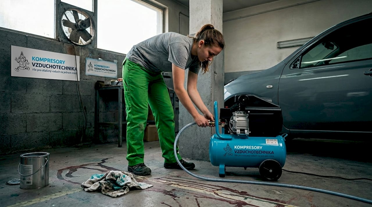 Lakýrnice v autoservisu zapojuje kompresor a chystá se na práci.