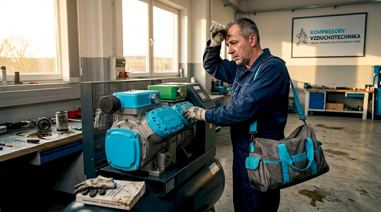 V dílně právě probíhá kontrola bezúdržbového kompresoru, o kterou se stará zkušený technik.