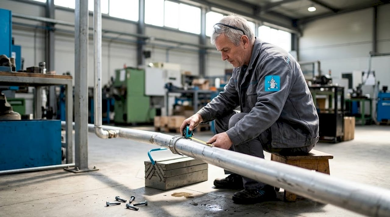 V továrně právě technik kontroluje, jaký má potrubí průměr.