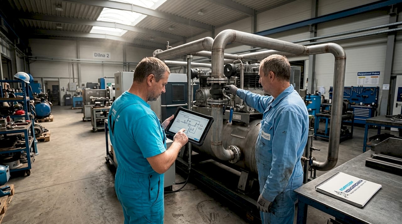 Odborníci provádějí kontrolu vzduchového systému v dílně, aby vše fungovalo, jak má.