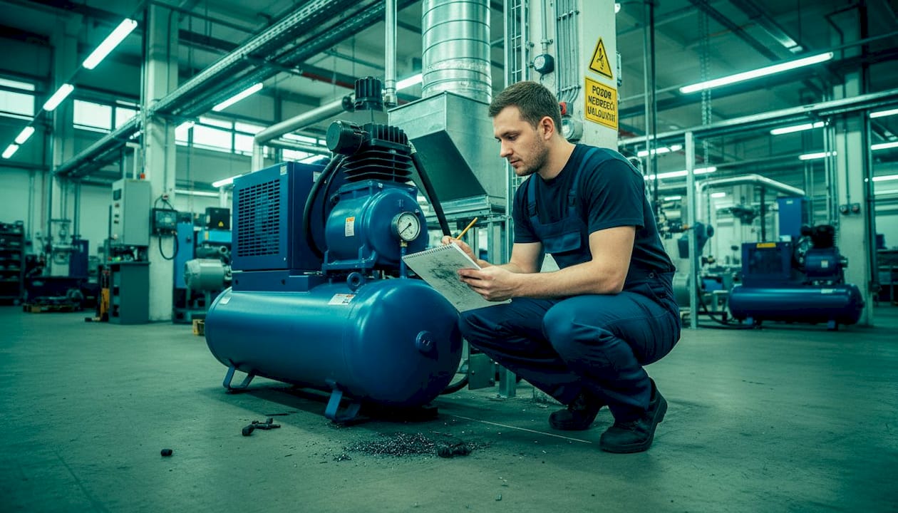Technik provádí kontrolu stacionárního kompresoru přímo ve výrobní hale.