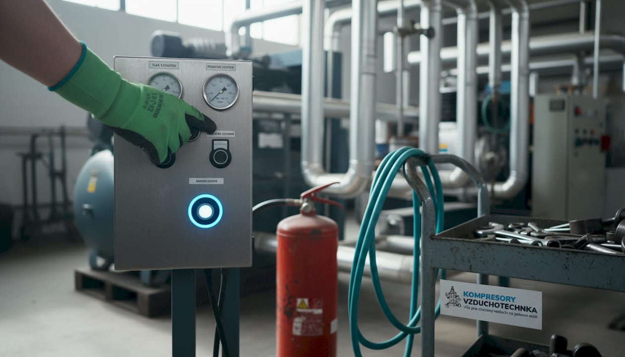 Ovládací panel stacionárního vzduchového kompresoru ve výrobní hale