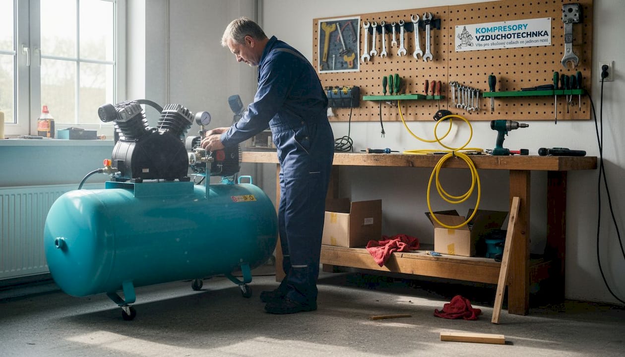 Servisní technik seřizuje kompresor v dílně.