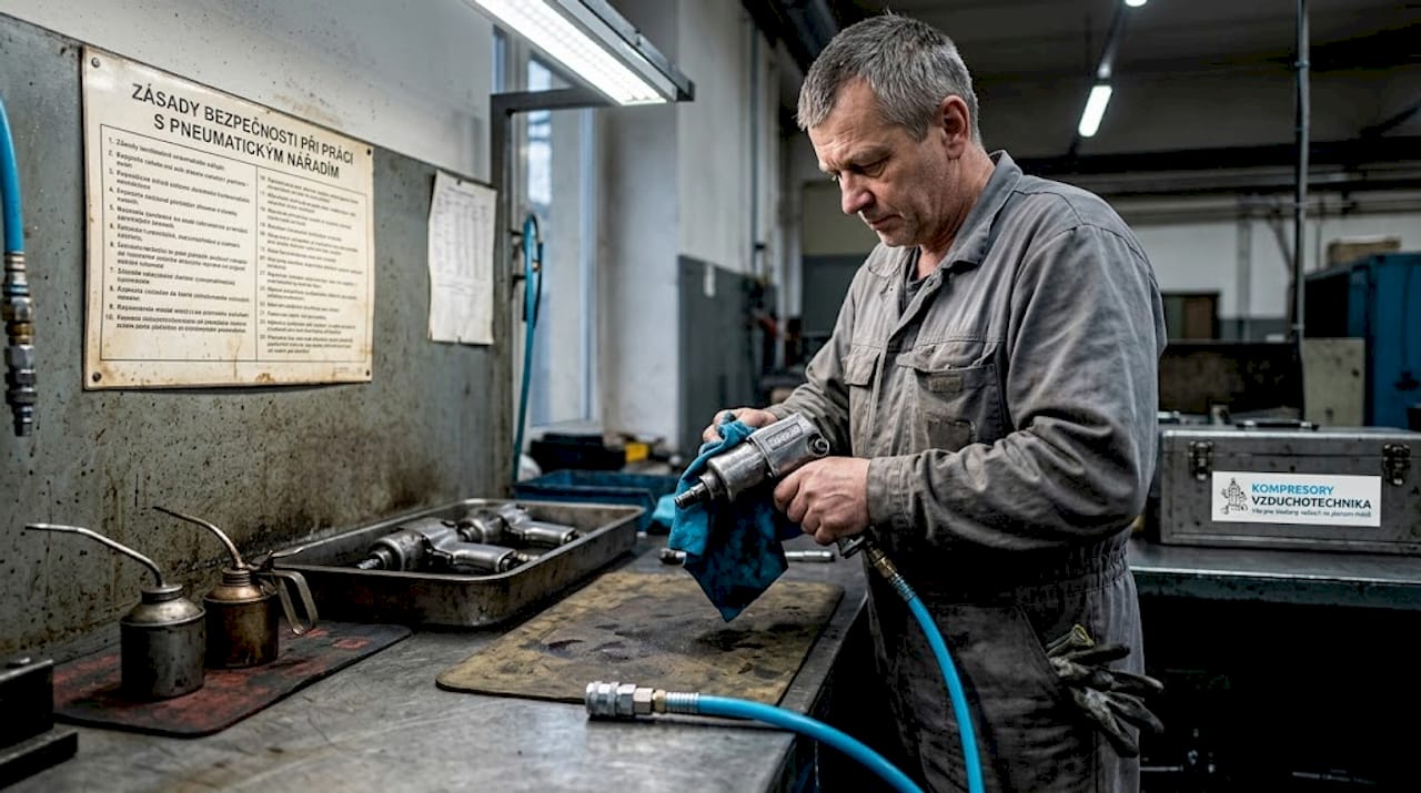 Pracovník po údržbě pečlivě čistí pneumatický utahovák, aby byl připravený na další použití.