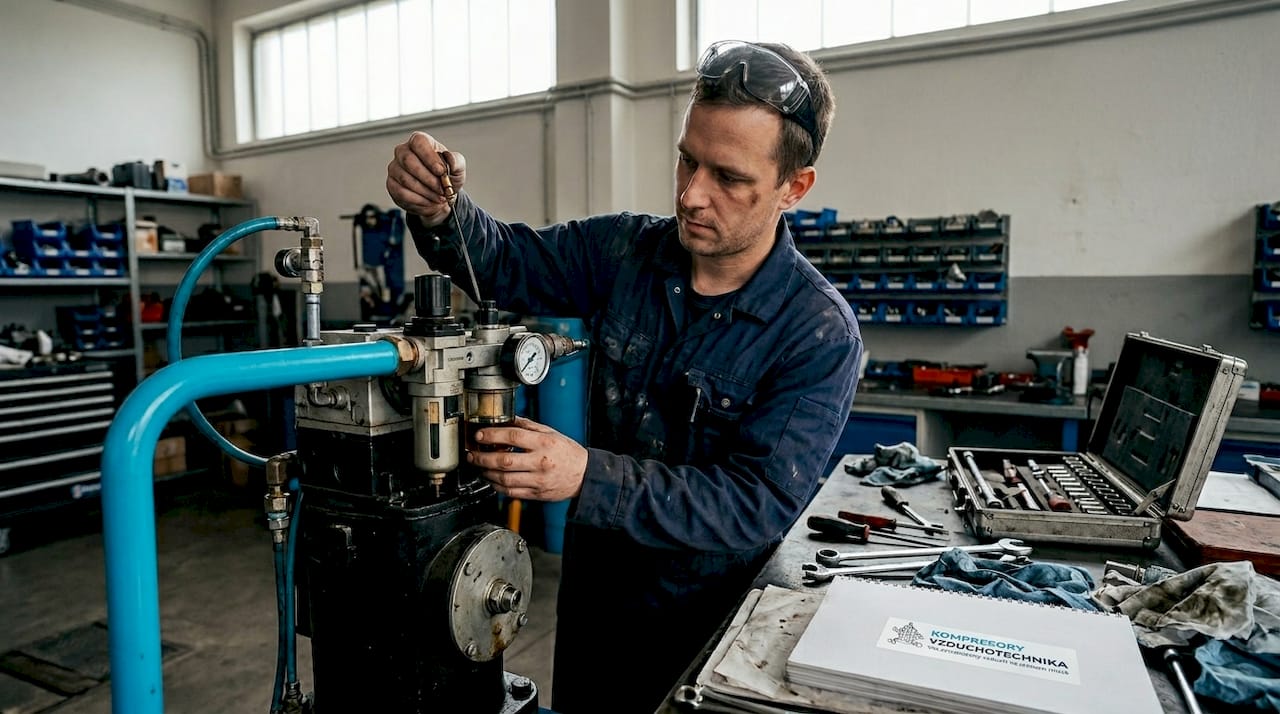 Technik kontroluje hladinu oleje v pneumatickém systému.