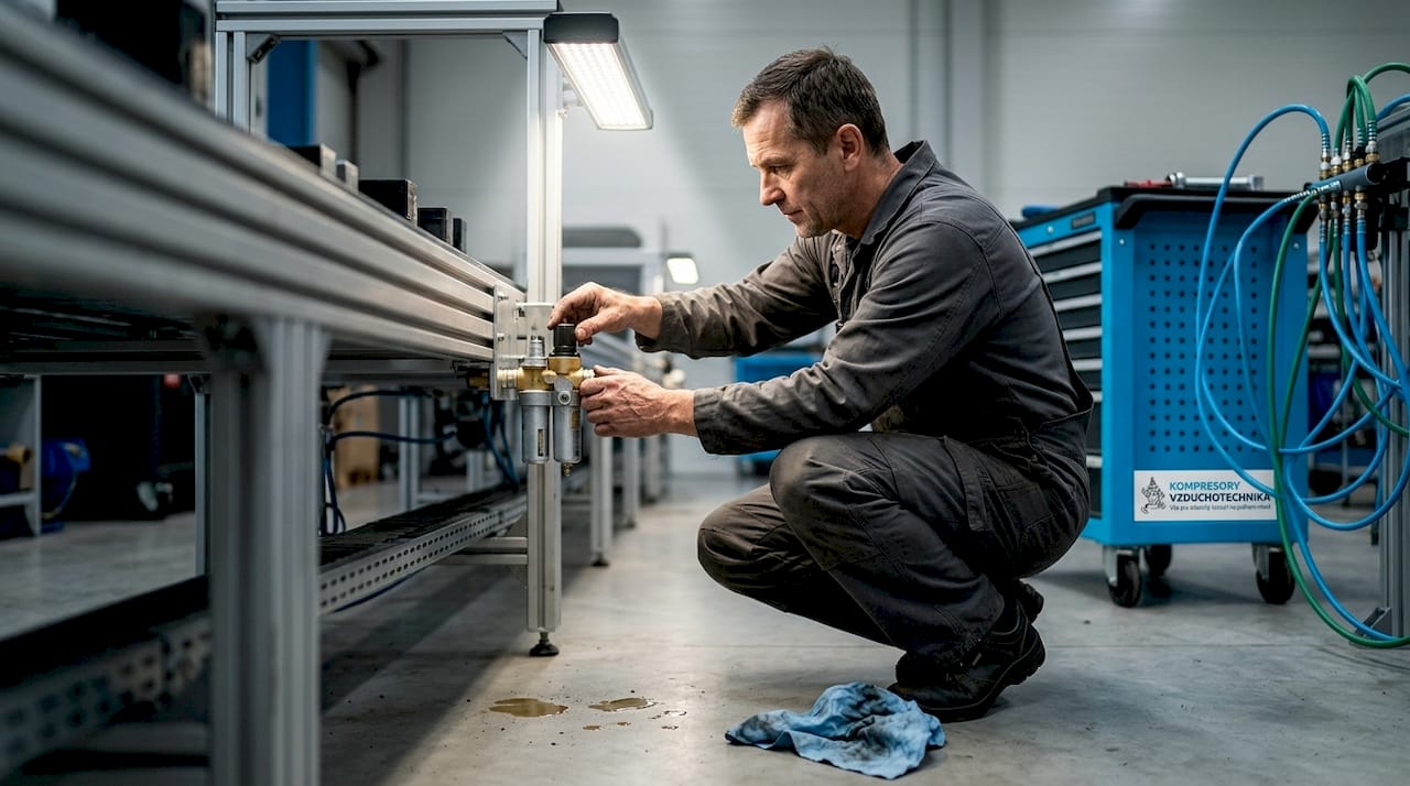 Montér právě provádí práci na pneumatickém ventilu.