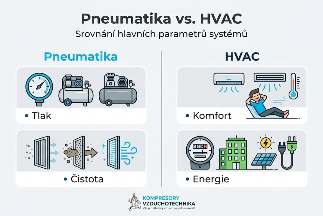 Přehledná infografika s hlavními vlastnostmi pneumatik a systémů HVAC