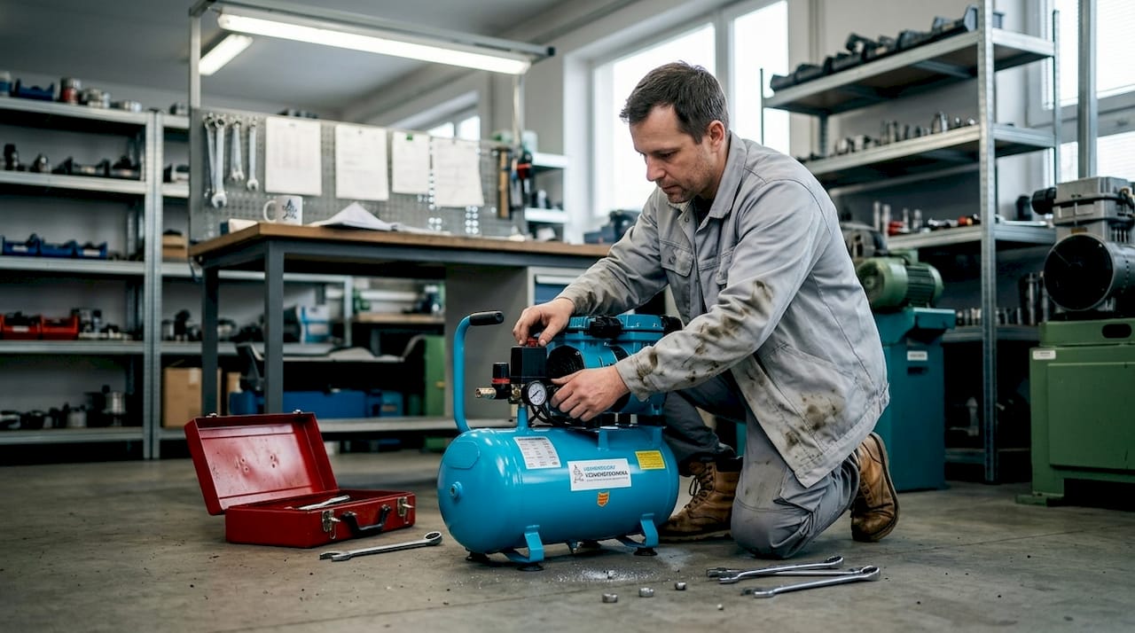 Servisní technik provádí seřízení malého pístového kompresoru v dílně.
