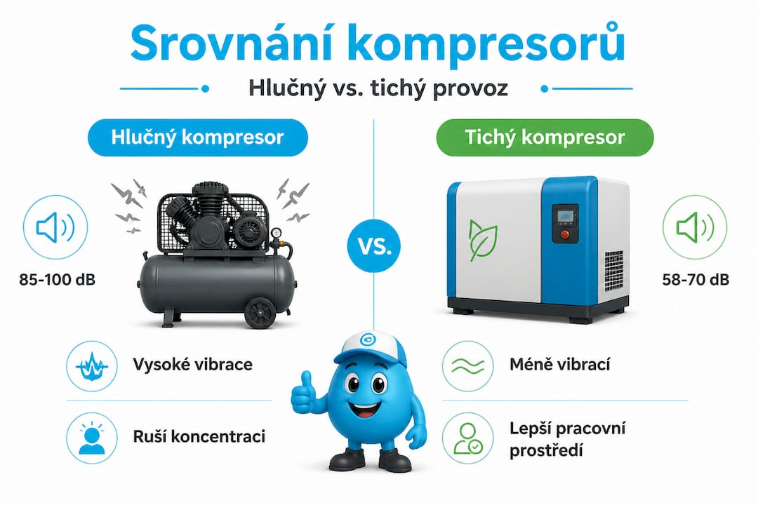 Přehledný obrázek, který ukazuje rozdíly mezi hlučnými a tichými kompresory