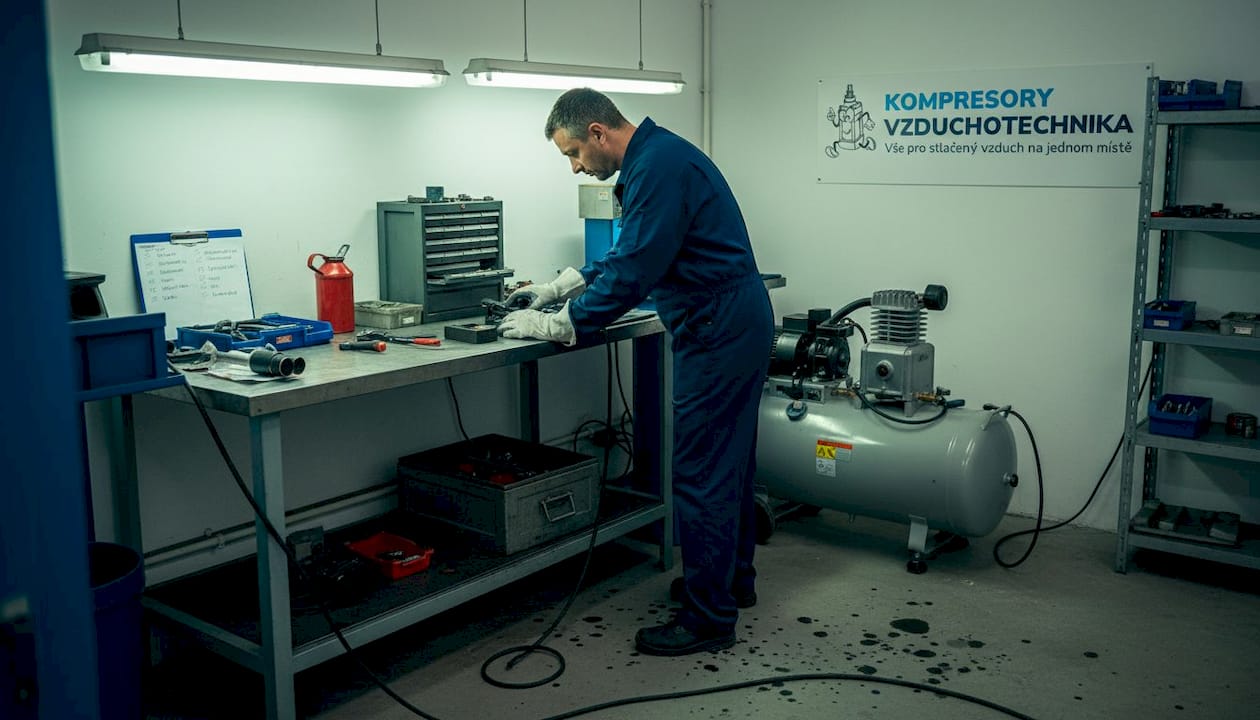 Technik provádí kontrolu pístového kompresoru v dílně.