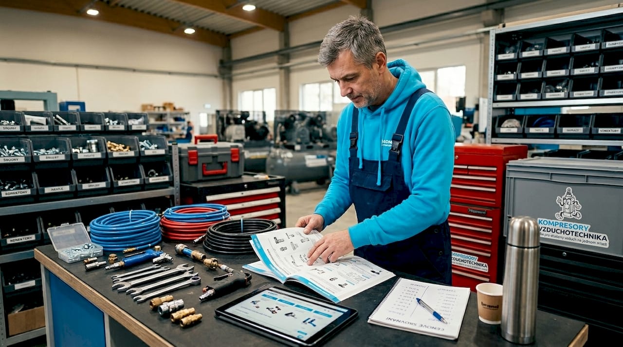 Technik zvažuje, jaké vybavení do dílny pořídit a porovnává jednotlivé možnosti.