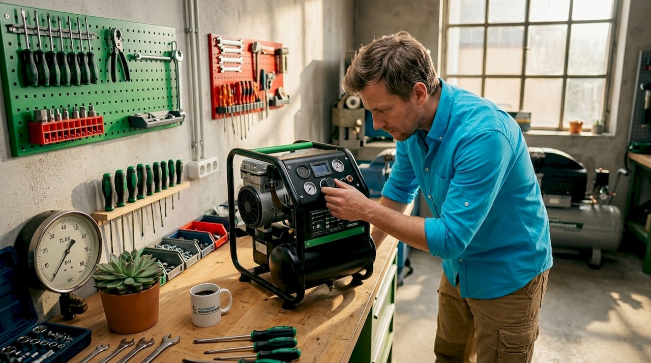 Technik provádí kontrolu bezolejového kompresoru v dílně.