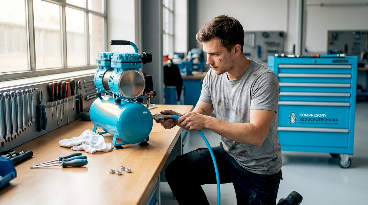 Mechanik zapojuje bezolejový pístový kompresor.