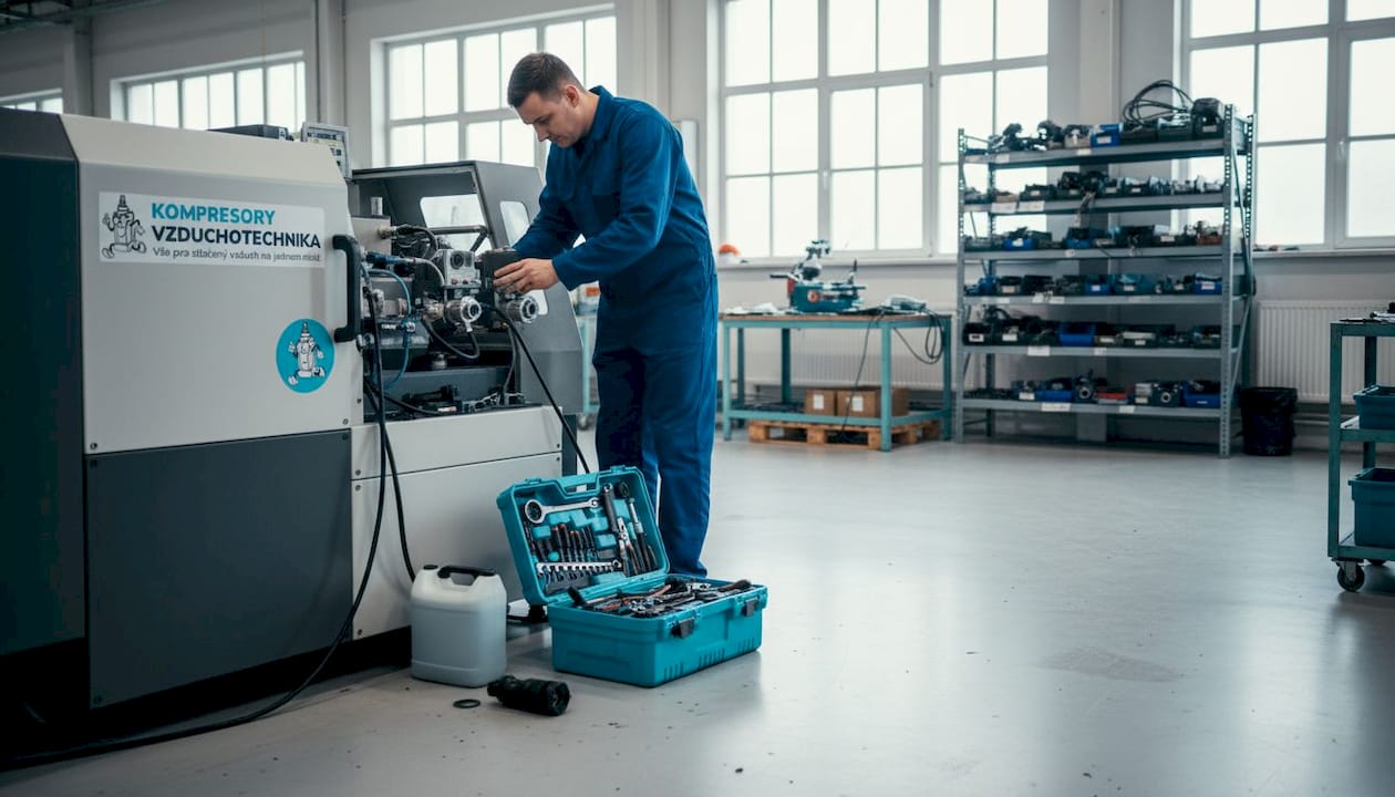 Technik provádí kontrolu mazacího systému stroje na bázi stlačeného vzduchu.