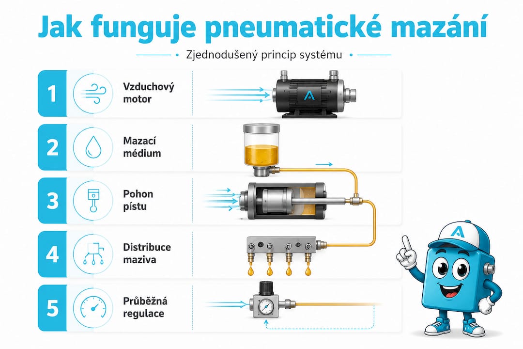 Přehledná infografika, která vysvětluje, jak funguje pneumatické mazání