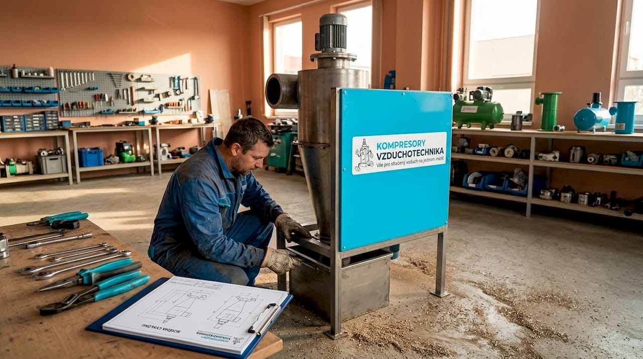Technik provádí kontrolu cyklónového filtru přímo ve výrobní hale.