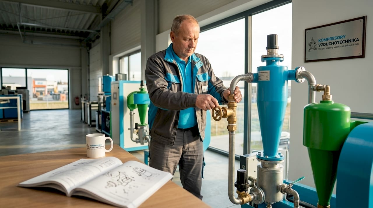 Technik upravuje nastavení cyklónového ventilu, aby zajistil jeho optimální chod.