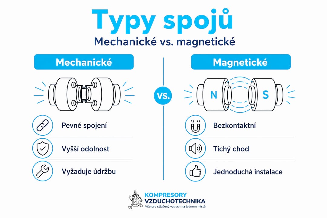 Přehledná infografika srovnávající mechanické a magnetické způsoby spojování