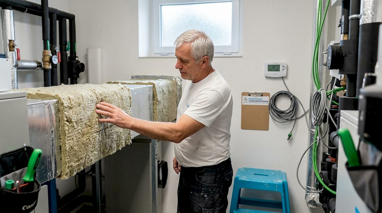 Technik provádí kontrolu zatepleného vzduchotechnického potrubí.