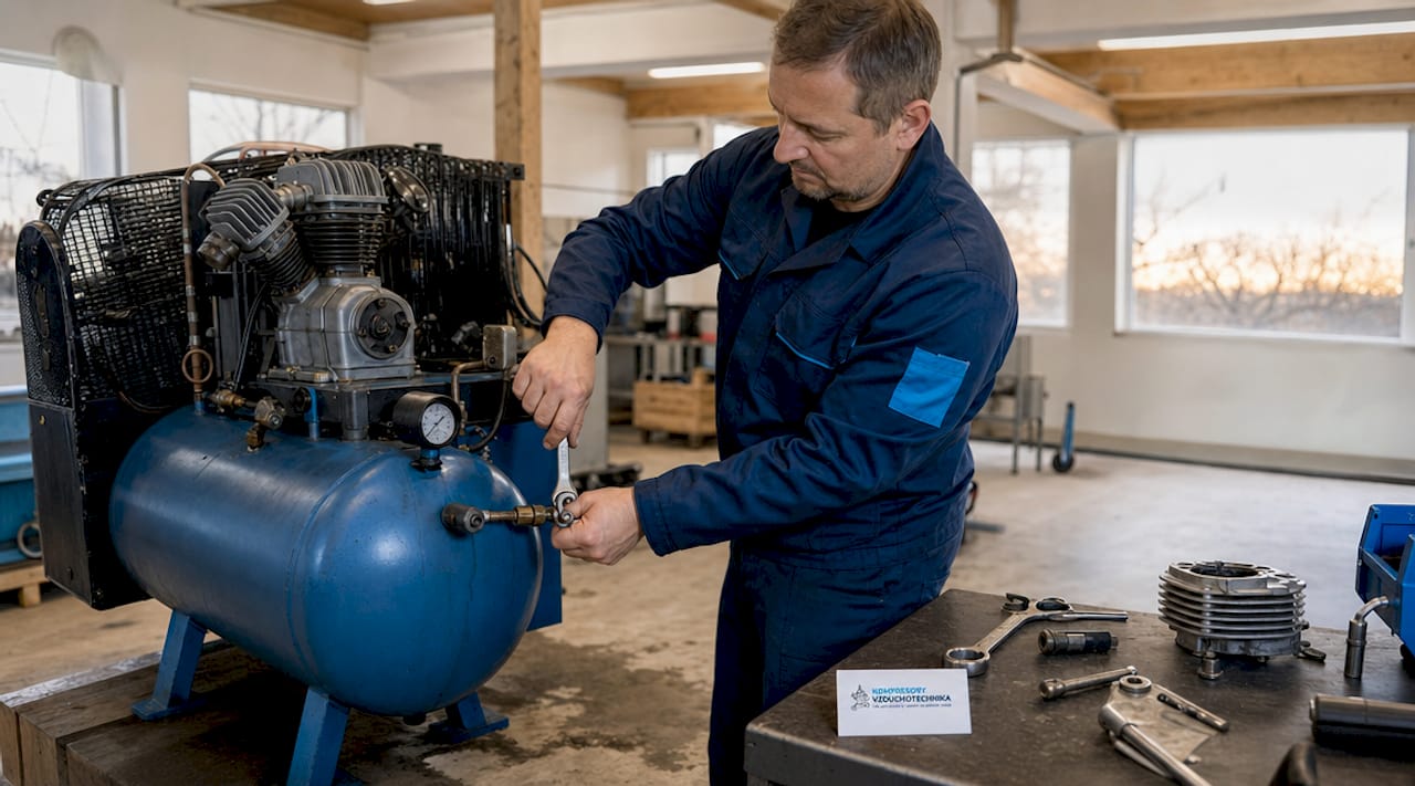Technik upouští vzduch z průmyslového kompresoru.