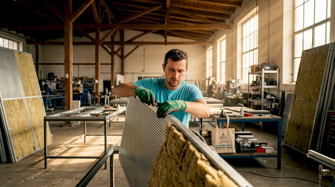 Ruce při montáži akustické izolace z minerální vlny