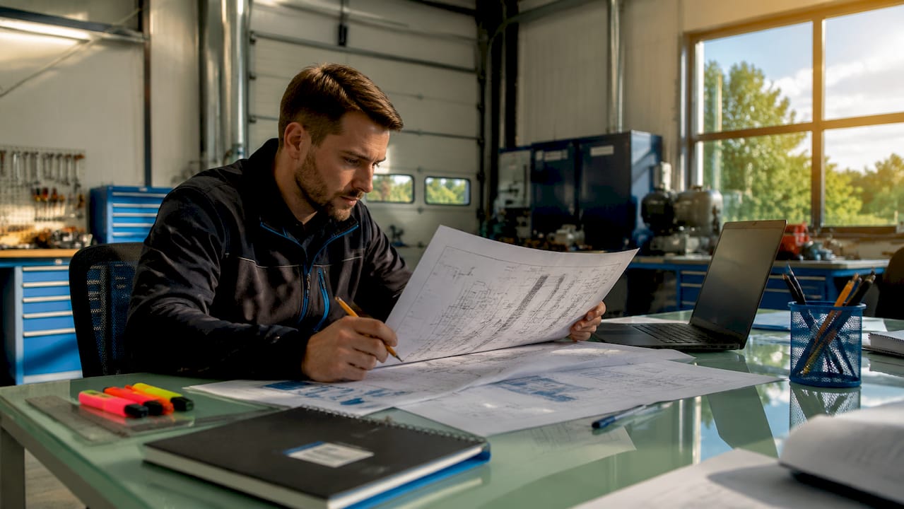Projektant vzduchotechniky rozkresluje návrh vedení potrubí přímo u svého pracovního stolu.