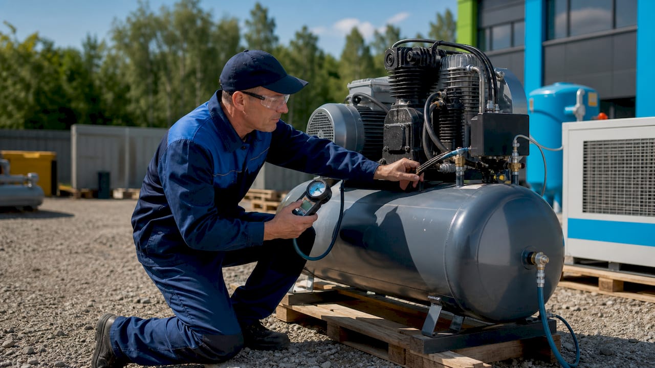 Technik provádí kontrolu kompresního poměru u kompresoru.