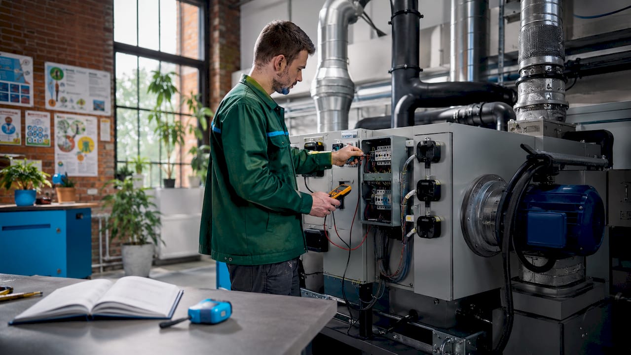 Technik právě nastavuje ovládací panel průmyslové vzduchotechniky.