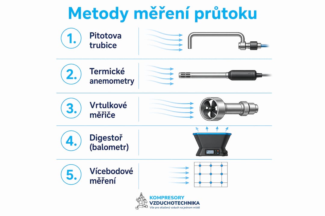 Přehledná infografika, která vás provede hlavními způsoby měření průtoku vzduchu krok po kroku.